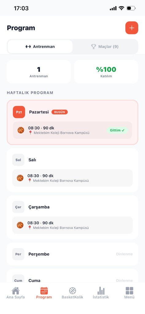 Alpify Antrenman ekranı - Haftalık İdman Programı