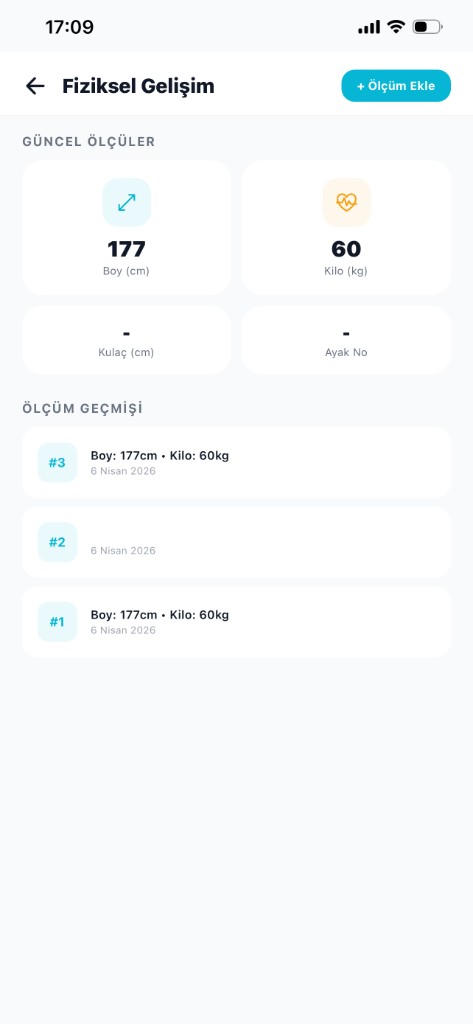 Alpify Fiziksel Gelişim ekranı - Boy, Kilo ve Fiziksel Takip